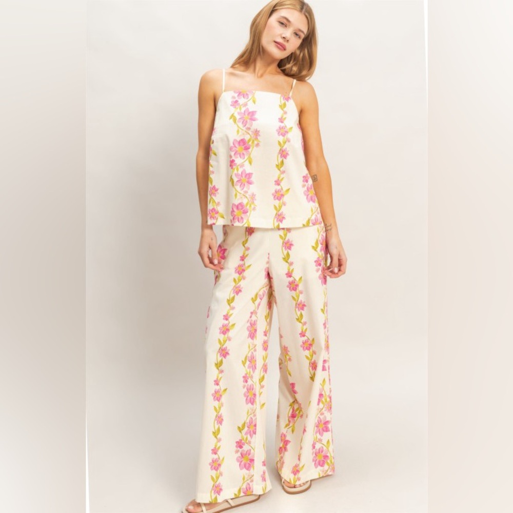 Floral Spaghetti Strap Top & Pants Set|Pink